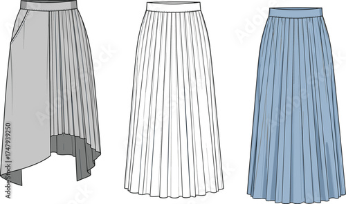 Skirt fashion flat illustration set featuring asymmetrical wrap, long pleated, and tiered styles for apparel design and garment sketch