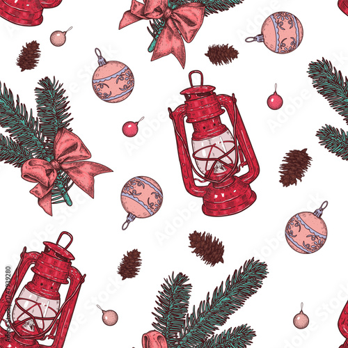Seamless Christmas pattern with a red kerosene lamp, fir branches, and Christmas tree decorations. Hand drawn vector illustration.