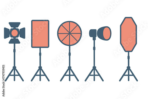 Professional studio lighting equipment setup including softboxes and spotlights on stands