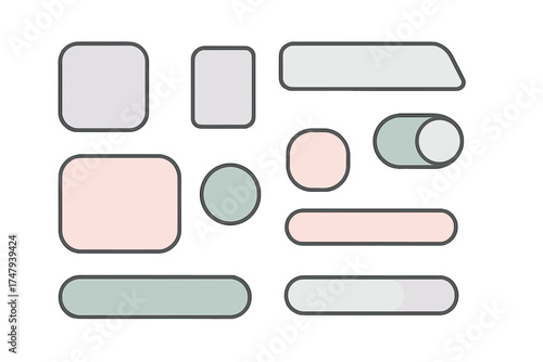 Abstract collection of modern user interface elements featuring rounded shapes and soft pastel colors
