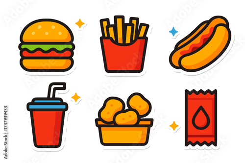Colorful sticker collection of popular fast food items: hamburger, french fries, hot dog, soda, and chicken nuggets