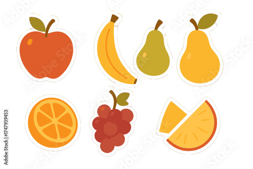 Colorful fresh fruit stickers set featuring apple banana orange grapes and pears