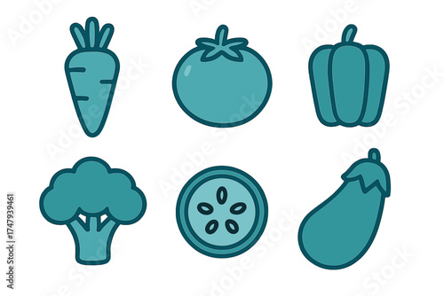 Simple teal vegetable shapes: carrot, tomato, pepper, broccoli, cucumber, and eggplant