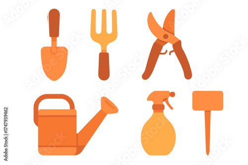 Collection of essential gardening tools including trowel hand fork shears watering can and spray bottle
