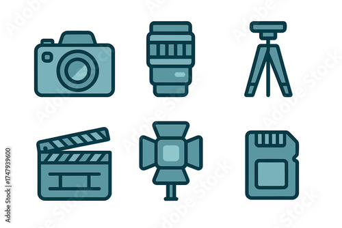 Set of photography and video production equipment icons including camera, lens, tripod, and clapperboard