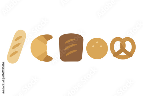 Minimalist set of popular baked goods including bread, croissant, and pretzel