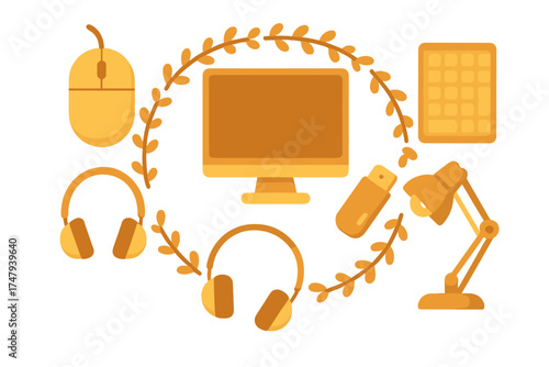Modern technology devices and essential office supplies arranged in a circular frame