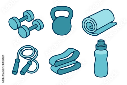 Isometric fitness equipment set including dumbbells, kettlebell, yoga mat, jump rope, resistance band, and water bottle