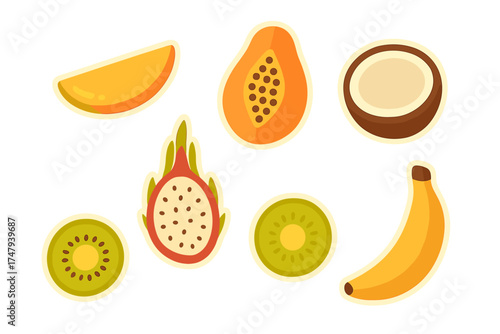 Exotic tropical fruits sticker collection featuring papaya coconut banana and kiwi