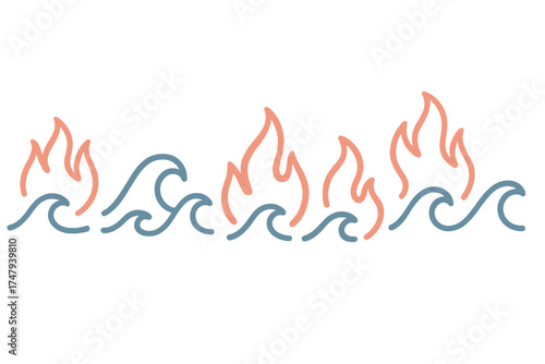 Stylized repeating border pattern featuring contrasting ocean waves and burning flames