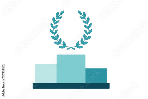 Minimalist three-step winner's podium with laurel wreath symbolizing victory and achievement