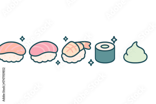 Cute pastel sushi set featuring nigiri maki roll and wasabi on white background