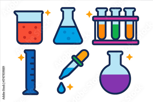 Colorful chemistry laboratory glassware and scientific equipment collection