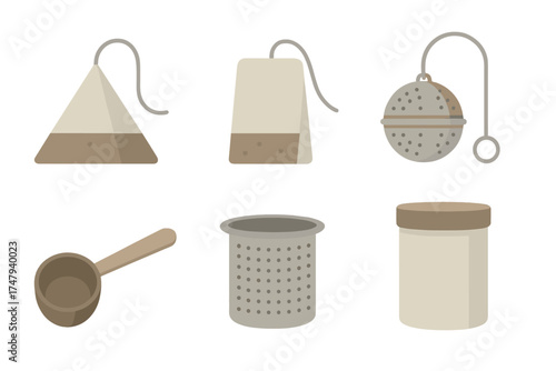 Set of tea brewing accessories including bags, metal infusers, strainers, and measuring spoons