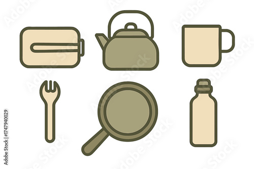 Set of outdoor cooking and camping gear including kettle, pan, mug, fork, and water bottle
