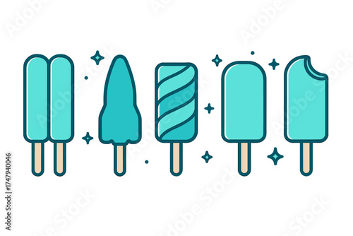 Assortment of turquoise frozen dessert popsicles and ice cream bars on sticks for summer refreshment