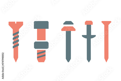 Set of construction hardware fasteners including screws, bolts, and nails