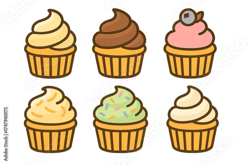 Six colorful sweet cupcakes with various frosting flavors and toppings