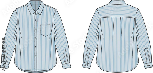 Striped button-up shirt fashion flat illustration with front and back views for apparel design, garment construction, and clothing sketch