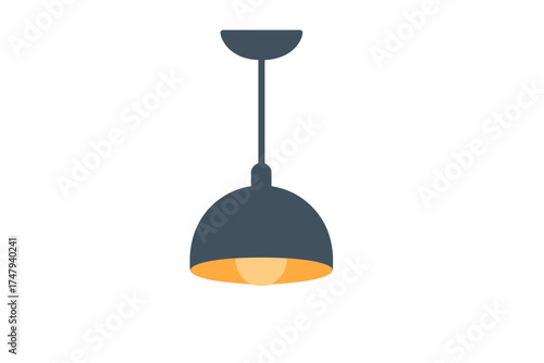 Modern hanging ceiling light fixture with dark dome shade and warm illuminated bulb