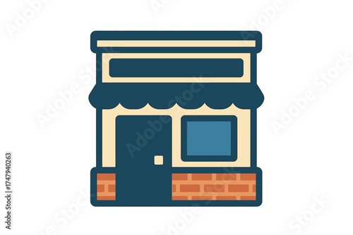 Small business storefront facade featuring an awning, display window, and brick foundation