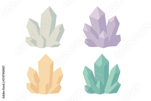 Four colorful geometric crystal clusters in soft pastel shades isolated on white
