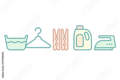 Household laundry care items including wash basin, clothes hanger, clothespins, detergent, and iron