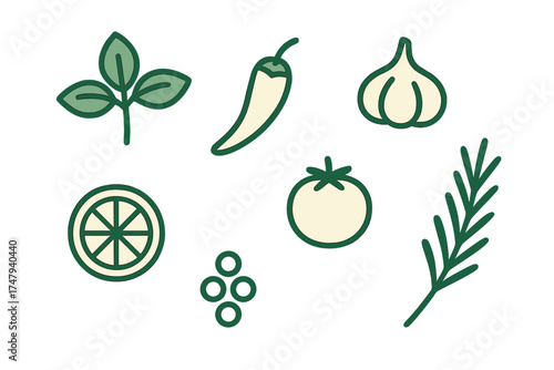 Minimalist cooking ingredients including basil, chili pepper, garlic, lemon, tomato, and rosemary outlines