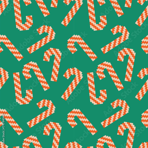 Zigzag Candy Cane Seamless Pattern on Green Background Vector. Ideal for Christmas themed designs, wrapping paper, or seasonal decorations.