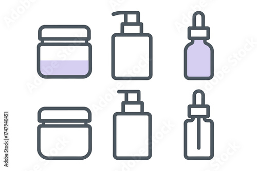 Outline set of cosmetic packaging containers including cream jar pump bottle and dropper bottles