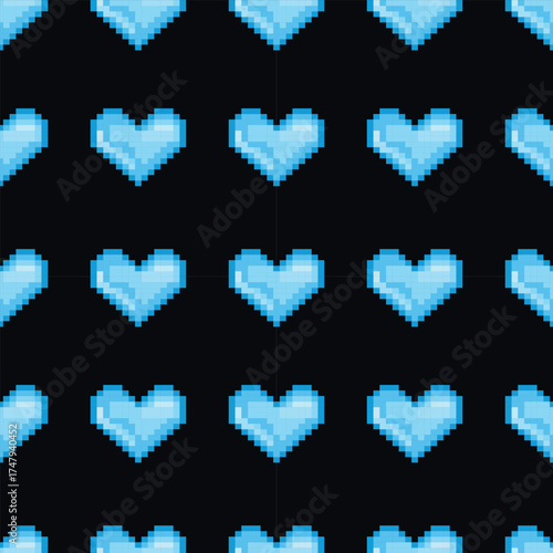 Pixel Art Blue Heart Seamless Pattern Vector Illustration. Nostalgic digital aesthetic ideal for creative projects and backgrounds.