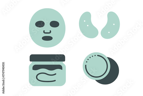 Minimalist icons of essential beauty and self-care products including face masks and moisturizing cream