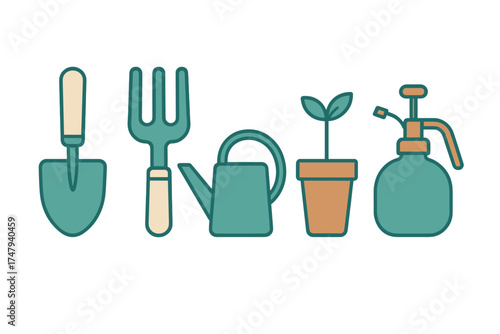 Simple set of horticulture equipment including shovel, hand fork, watering can, and seedling in a pot