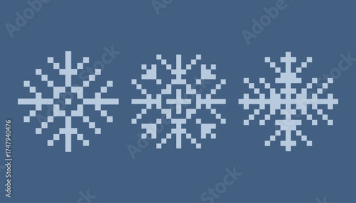 Snowflake Pixel Vector Illustration on Blue Background.  Ideal for winter themed digital art, retro designs, and seasonal projects.