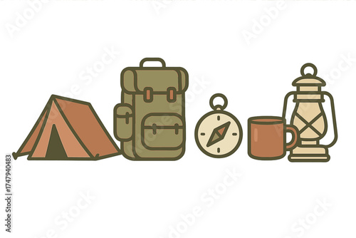 Outdoor camping essentials set with tent, large backpack, navigational compass, coffee mug, and old fashioned lantern