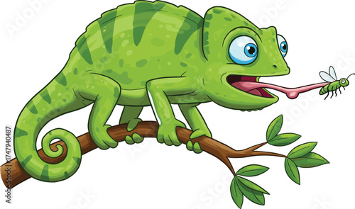 Cartoon green chameleon catching insect with long tongue, funny reptile on tree branch, vector illustration of jungle animal eating bug wildlife