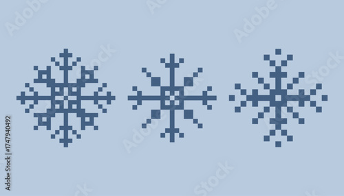 Pixel art geometric snowflakes arranged in a row. This vector illustration features blue snowflake designs on a light background, perfect for winter themed projects and designs.
