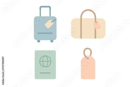 Minimalist set of essential travel items including suitcase passport and luggage tag