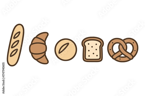 Popular bakery goods assortment featuring baguette, croissant, sliced bread, and pretzel