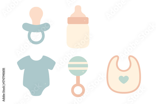 Newborn essentials set including pacifier, bottle, bodysuit, rattle, and bib in soft pastel