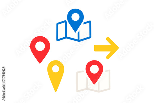 Colorful navigation and location symbols including map pins, folded maps, and directional arrow