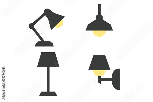 Minimalist set of interior lighting fixtures including desk lamp, floor lamp, pendant, and wall sconce
