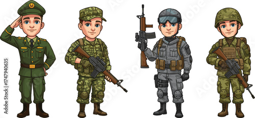  Cartoon soldiers in different uniforms with guns, army men in military outfits, vector illustration of armed forces characters standing and saluting proudly
