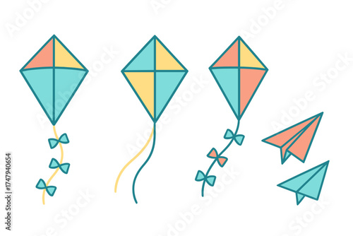 Three colorful diamond kites and two paper airplanes flying in outline style
