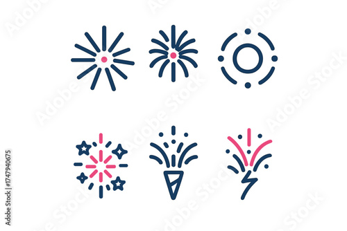 Six colorful firework icons representing celebration, holidays, and festive events