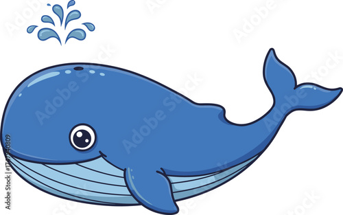  Cute blue whale cartoon illustration with water splash, adorable marine animal character, ocean wildlife design for kids, education, sea life concept vector