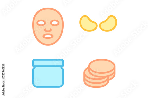 Essential skincare products: sheet mask, under eye patches, cream jar, and cosmetic pads