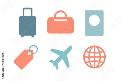 Minimalist travel icons featuring luggage, airplane, globe, and passport for vacation and tourism