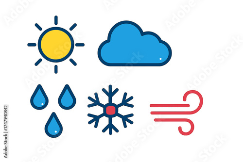 Set of basic weather forecast icons featuring sun cloud rain snow and wind symbols