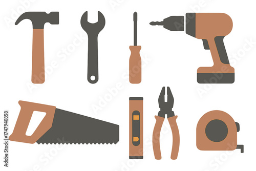 Collection of essential construction and home improvement tools set on a white background